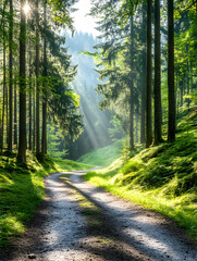 Obraz premium Sunbeams illuminate forest path, green hills