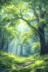 Obraz premium Sunbeams Illuminate Lush Forest Path