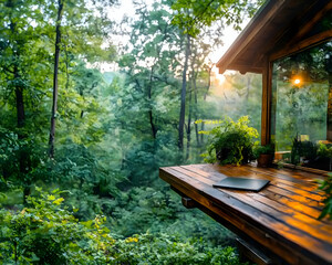 Sunrise forest cabin laptop workspace view