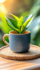 Sunrise illuminates plant in blue cup on table