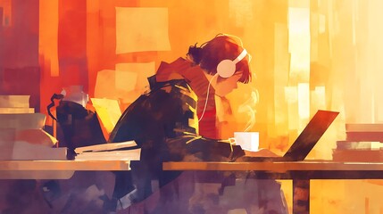 A young, aspiring investor sits next to them with a cup of coffee, reading an investment book while checking the stock market on their laptop, watercolor anime style