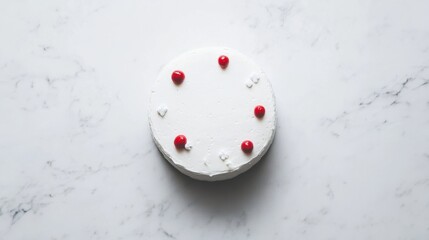 A top-down view of a decorated cake on a marble surface,