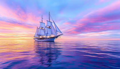 Fototapeta premium Sunset Sailboat Ocean Calm Colorful Sky