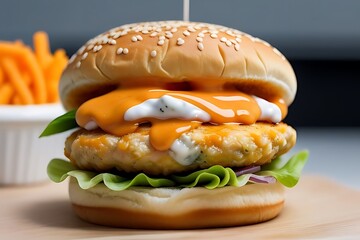 Crispy fried chicken burger studio shot.