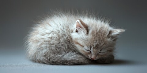 Fototapeta premium Newborn kitten with tiny and gentle idea. Fluffy kitten curled up and sleeping peacefully.