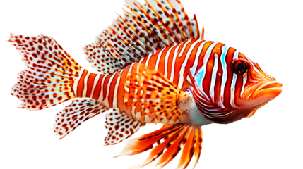tropical fish, lionfish with striking striped fins, venomous beauty of the sea, cut out on transparent background