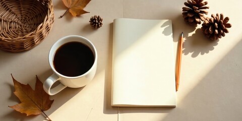 A Cozy Autumn Scene Featuring a Cup of Coffee, Blank Notebook, and Natural Elements