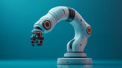 Robotic arm with glowing red sensors against turquoise background. Industrial automation machine with mechanical grip. Concept of manufacturing technology and artificial intelligence implementation