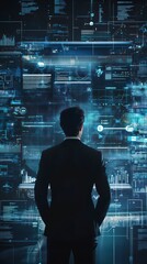 The Digital Frontier: A lone businessman, dressed in a suit, stands before a towering wall of digital data, showcasing the vast and complex landscape of the modern technology industry.  