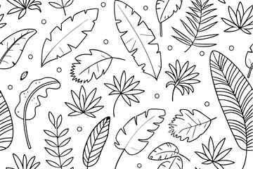 Fototapeta premium Vector black and white graphic tropical palm leaves seamless pattern with jungle plants and monster Isolated vector illustration
