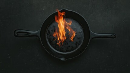 A cast iron skillet placed over an open flame, cooking rustic dishes,