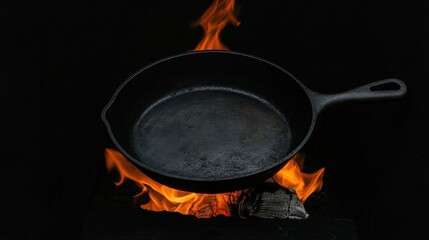 A cast iron skillet placed over an open flame, cooking rustic dishes,