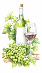 Watercolor painting of wine bottle, glass, and grapes