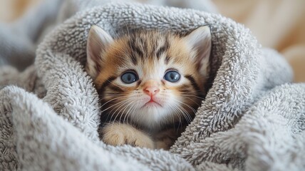 Naklejka premium Newborn kitten with tiny and gentle idea. Cute kitten wrapped in a cozy blanket.