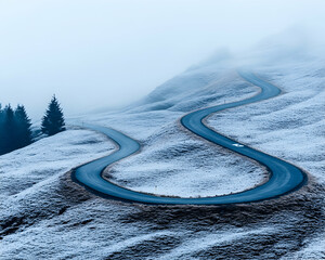 Winding mountain road in snowy, foggy landscape