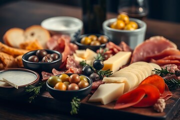 Photograph Showcasing Cured Meats, Cheeses, and Olives, Artfully Arranged for a Gourmet and Indulgent Charcuterie Experience &ndash; dessert stock-image