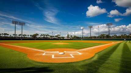 Obraz premium Brightly Lit Baseball Field Under Blue Sky with Fluffy White Clouds