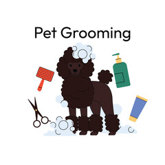 Shiba Inu dog during grooming. The playful pup sits covered in soap bubbles, surrounded by scissors, shampoo, and a brush. Clean and modern design, perfect for pet care. Vector illustration