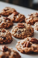 Obraz premium Close-up of homemade oatmeal cookies with nuts, golden brown and chewy