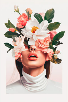 Poster Illustration of a beautiful woman with colorful flowers on her head, collage, Pin up, pop art, 8 marta