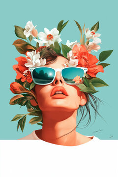 Poster Illustration of a beautiful woman with colorful flowers on her head, collage, Pin up, pop art, 8 marta