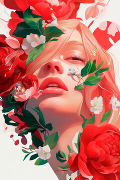 Poster Illustration of a beautiful woman with colorful flowers on her head, collage, Pin up, pop art, 8 marta