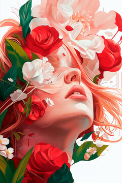 Poster Illustration of a beautiful woman with colorful flowers on her head, collage, Pin up, pop art, 8 marta