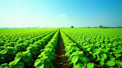 Vibrant Green Rows of Lush Vegetation Extending to the Horizon Under a Clear Sky