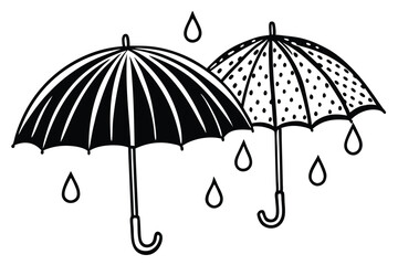 Cute umbrella with falling raindrops in doodle style with raindrops isolated on a black and white background