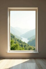Fototapeta premium Serene Vista A Breathtaking Panoramic View from a Minimalist Window in a Light-Filled Room with Wooden Floors