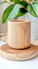 Wooden planter pot on coaster, indoor plant setting