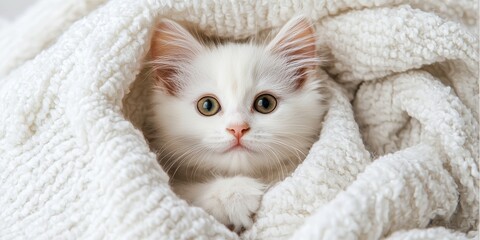 Naklejka premium Newborn kitten with tiny and gentle idea. Adorable kitten wrapped in a cozy blanket.