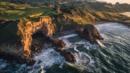 Aerial view of rocky cliffs and ocean waves at sunset
