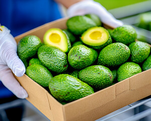 Worker holding box of ripe avocados at farm