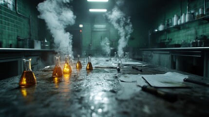A dimly lit laboratory features a collection of glowing flasks amidst steam, hinting at a scientific exploration filled with mystery and potential discoveries.