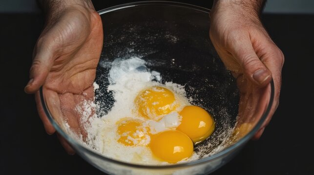 A close-up of hands whisking eggs in a glass bowl, cooking preparation scene - Powered by Adobe