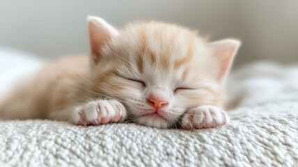Obraz premium Newborn kitten with tiny and gentle idea. Sleeping orange kitten on a cozy blanket.
