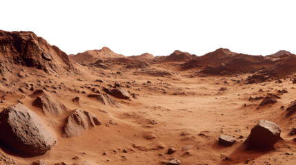 Realistic Mars surface with red rocky terrain, alien planet exploration, cut out on transparent background