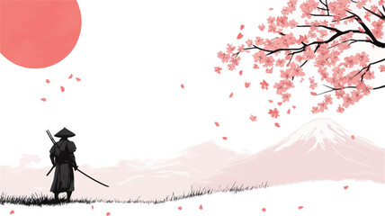 Digital illustration depicting a minimalist landscape.  The image features a black silhouette of a samurai standing in a field, holding a sword.  A large, stylized red sun is visible in the