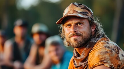 A rugged outdoorsman with a thoughtful expression sits in a natural setting, surrounded by fellow adventurers, evoking a sense of wilderness and camaraderie.