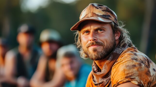 A rugged outdoorsman with a thoughtful expression sits in a natural setting, surrounded by fellow adventurers, evoking a sense of wilderness and camaraderie.