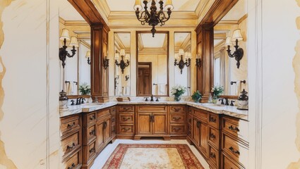 Ink drawing of luxury bathroom with mirrors, lamps, and wooden cabinets. Bathroom features marble countertop, beige walls, and decorative floral rug.