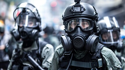 A crowd of soldiers in protective gear and gas masks, creating a tense and militarized atmosphere of preparedness and defense