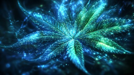 Fototapeta premium Abstract glowing cannabis flower, dark background, digital art, for design
