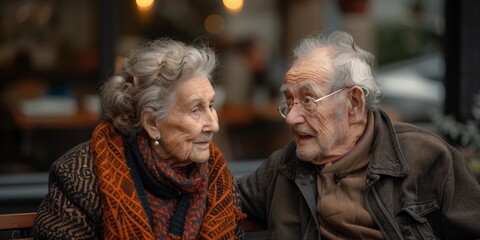 Elderly couple sitting together, smiling and sharing a heartfelt conversation, showcasing love, companionship, and warmth in an outdoor setting