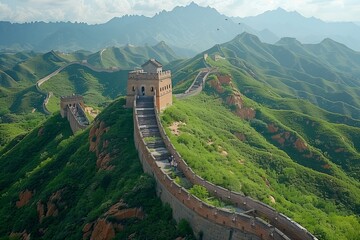 Fototapeta premium The Wall winding through lush green mountains under a sunny sky, showcasing its historic architecture and stunning natural surroundings