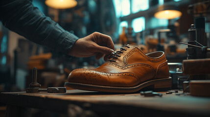 Close-up of skilled artisan hand-stitching leather shoe in workshop space showcases dedication to craftsmanship