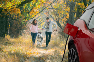 Close up of electric car. Couple with dog in the background