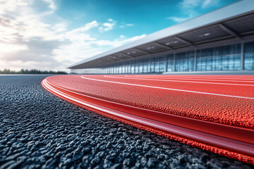 A ground level shot of the red track or running track along the side of a stadium on a sunny day. Generated by artificial intelligence