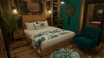 Cozy Rustic Bedroom Interior Featuring Wooden Furniture and Vibrant Green Accents